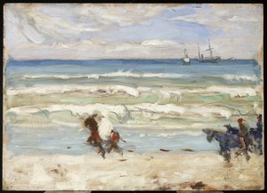 海滩场景，丹吉尔，c.1911（面板上的石油和石墨） 作者 詹姆斯·威尔逊·莫里斯