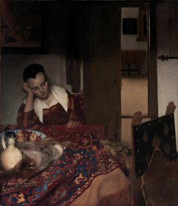 沉睡的女孩--约翰内斯-维米尔（维米尔-德尔福特）（1632-1675）的绘画，布面油画