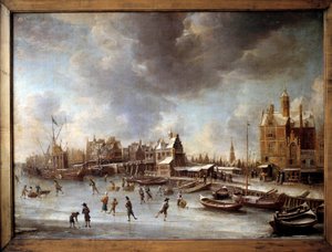 冬季景观。冰湖上的滑冰者。布尔斯塔顿（1622-1666）的画作，17世纪。柏林，国家博物馆