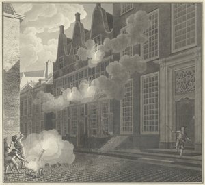 炮击卢卡斯-凡-斯蒂文宁克的住宅，1787 年 作者 Jan Arends（艺术家签名）
