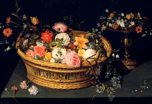 镀金银花篮和高脚杯》，静物画，17世纪 作者 扬·勃鲁盖尔小