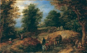 风景与林地路径上的旅行者，ca。 1607。 作者 简·布鲁格（Jan Brueghel）