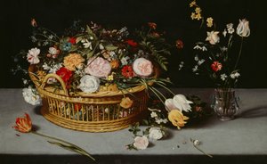 带篮子和花瓶的静物》，约1620年。 作者 扬·布鲁格（Jan Brueghel）