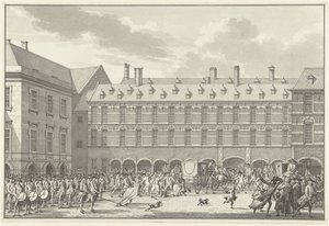 1786 年，多德雷赫特议员骑马通过宾嫩霍夫的 Stadholder Gate 时发生骚乱 作者 扬·布特胡斯（Jan Bulthuis）