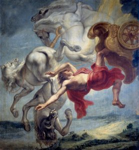 辉腾的陨落：无法控制赫利俄斯的战车，辉腾（Phaethon）被宙斯击倒，掉入埃里丹河（辉腾的陨落） - 扬·卡雷尔·凡·艾克（Jan Carel van Eyck，1649-约 1690 年）绘画，油画画布，十七世纪末，尺寸：197x18 作者 扬·卡雷尔·凡·艾克