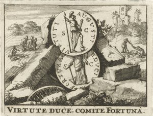放置在石堆上的罗马钱币
Virtute Duce，Comite Fortuna（物品上的标题） 作者 Jan Claesz 十霍恩