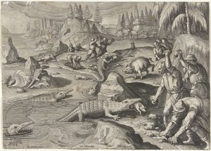 捕捉鳄鱼
狩猎场景（系列标题）
Venationes Ferarum, auium, piscium pvgnae Bestiariorum（系列标题） 作者 飞利浦加勒
