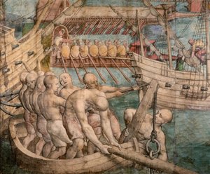 船队奴隶。细节来自：查理五世皇帝占领突尼斯挂毯漫画，约1548年。 作者 扬·科内利兹。维迈恩
