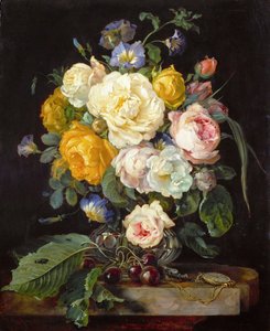 巴洛克：牡丹、樱桃和怀表的静物，Heem, Jan Davidsz。 从 (1606-1684)