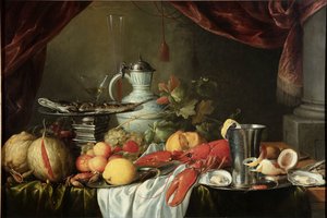 龙虾和银杯静物画