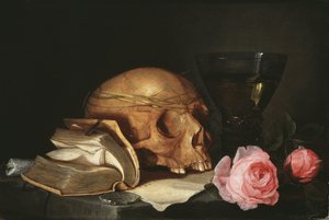 Vanitas，带有头骨，一本书和玫瑰的静物画-Vanitas带有头骨，一本书和玫瑰的静物画，作者：Heem，Jan Davidsz。的 作者 扬·戴维兹·德·海姆（Jan Davidsz de Heem）