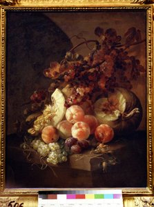 桃子静物画。扬-弗兰斯-范松（1658-1718 年）的作品。布面油画，77 x 64 厘米