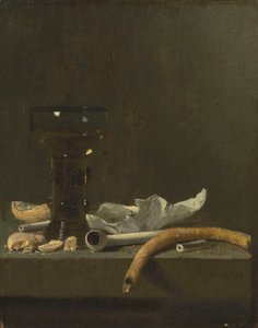 静物画，壁架上有焙烧炉、粘土烟斗和点燃的锥子 作者 扬·弗里斯