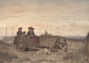 海滩上的渔民家庭，母亲和其中一个孩子坐在车中，1855年。