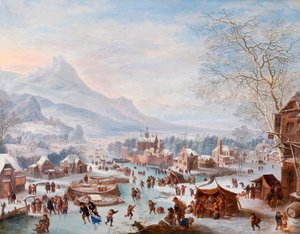 “与滑冰者的冬季场景”（与滑冰者的冬季场景）绘画，Jan Griffier（约 1652-1718 年）-铜上油画-暗淡 43x55 厘米 Hallwylska 博物馆，斯德哥尔摩