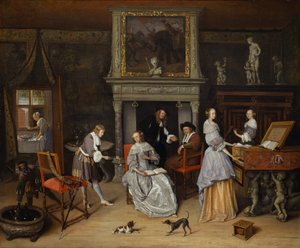 与Jan Steen和Gerrit Schouten家族的《 Fantasy Interior》，约1659-60年（布面油画） 作者 扬·哈维克斯（Jan Havicksz）。斯汀