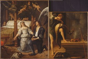Tobias和Sarah与Archangel Raphael驱逐恶魔Asmodeus，从两个分开的碎片重新组装（恢复版本见85367）