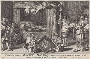 普林斯-莫里斯的天堂之床，1625 年
Effigies magni Mauritii Nassouii, arausionensium principis &c.四月 MDCXXV（物上标题） 作者 扬·亨德里克斯。播送