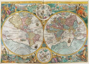行程表。带有服装、土人、船只、植物和动物的世界地图，1644年。 作者 扬·惠根·范·林斯霍滕