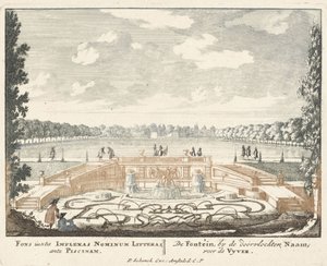 喷泉和大池塘在Het厕所宫殿庭院里，1694-97