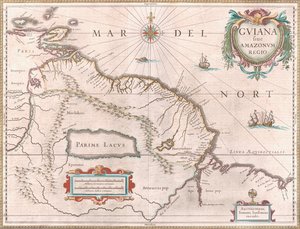 绘制于 1649 年左右的地图，描绘了圭亚那地区。 西边西班牙声称拥有主权的领土为红色，东南部为荷属圭亚那以黄色突出显示，葡萄牙领土以红色突出显示。 神秘的帕里梅湖也清晰可见