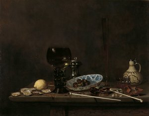 有罗默、长笛玻璃、陶壶和烟斗的静物画 作者 扬·扬斯。范德维尔德 (III)