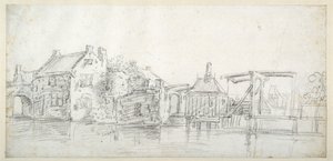 有建筑物的运河，包括收费站和收费桥，约 1650 年（白纸上的黑色粉笔） 作者 扬·约瑟夫斯。 van (circle of) Goyen