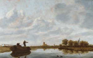 河畔风景中驳船上的男子与远处的教堂（油画） 作者 扬·约瑟夫斯。 van (circle of) Goyen