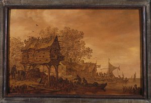 1651年，鸽子在河岸边的一个村庄，农民在一条船上