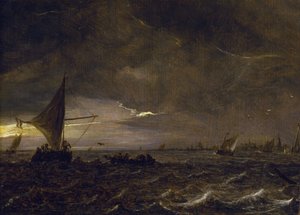 黄昏时分河口的渔船，地平线上是一座城市及其钟楼。Jan van Goyen（1596-1656 年）创作的木板油画。 作者 扬·约瑟夫斯·范·高恩