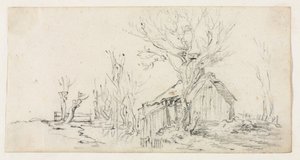 带有小屋的景观草图，c。 1630。