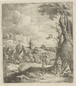 风景与村庄和树旁的两个人 作者 Jan Lauwryn Krafft (I) (归因于)