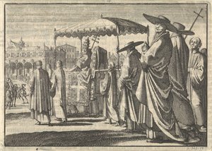 1596 年，丹麦国王克里斯蒂安四世装扮成教皇，与群臣一起模仿游行队伍 作者 彼得·范德阿 (I)