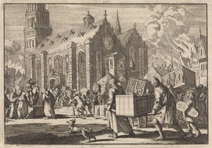 1689 年，斯皮尔斯居民将家具真诚地送到大教堂，然后被法国将军蒙克拉尔烧毁。 作者 彼得·范德阿 (I)