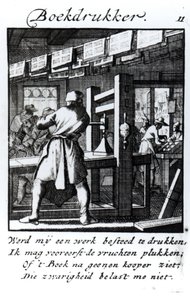 The Book Printer，来自书籍“Something for All”，由Abraham van St. Clara撰写，1736年（版画）