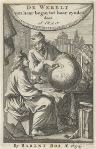 两人研究地球仪
扉页：J. 雷，《世界从开始到结束》，1694 年 作者 卡斯珀·路肯（Caspar Luyken）
