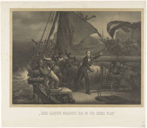 1831 年，扬-范-斯佩克（Jan van Speijk）准备将导火索扔进船舱。
他最后的念头是他的旗帜的荣誉（标题见实物）