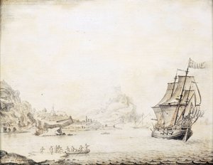 1677 年，一艘英国船只驶离萨塔利亚（土耳其）海岸，周围是岩石海岸线，还有古城墙和尖塔。木板油画