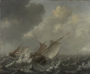 船只在波涛汹涌的海面上，1620年代