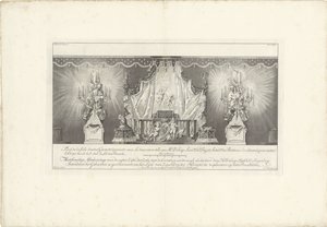 带有威廉四世亲王陵墓的大厅背面，1751 年
Fond de la sale dessiné Geometriquement（......）/德拉吉-勒伊特（Delage Leuit）先生绘制的带有陵墓的大厅后侧图。Col: Ingen.r and Intendant 作者 彼得·德斯瓦特