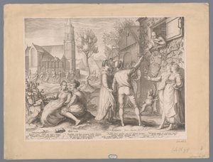 欢乐跳舞的年轻情侣，1596 年
Ingentes panas stolich sub Mose Choragi Promeriti Choreis, pana dolenda venit（......）（标题见实物） 作者 扬·萨恩雷丹（Jan Saenredam）