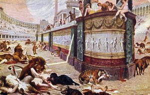 明信片描绘在罗马竞技场的血腥游戏，插图来自&39;Quo Vadis&39;，1910年