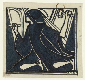 手持锤子和凿子的跪姿人物 作者 Jan Toorop（艺术家签名）