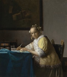 一位女士在写作，约1665年。 作者 约翰·维米尔