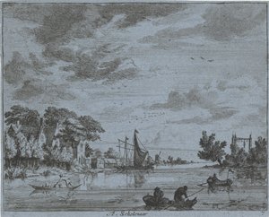 河流上的活动
Te，Scholenaar（物品上的标题）
哈勒姆地区的风景（系列标题）
Gesigten buijten Haarlem, Done by.J.V.V.（物品上的系列名称） 作者 扬·文森茨。范德文