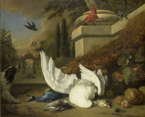 一只狗与死去的鹅和孔雀（对野味和水果的研究） 作者 Jan Baptist Weenix