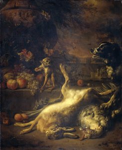 猴子和狗带着死游戏和水果 作者 Jan Baptist Weenix