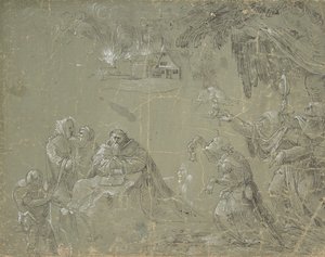 圣安东尼的诱惑》（Temptation of St. Anthony）直页，《奇妙的风景》（Fantastic Landscape）对页，约1520年。 作者 扬·韦伦斯·德·科克。
