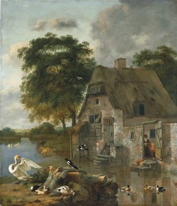 天鹅、鸭子和其他鸟类在水边小屋前（布面油画）