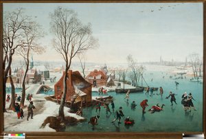 December, skaters on a lake gele (December, skaters on a iced lake) Painting by Jan Wildens (1586-1653)